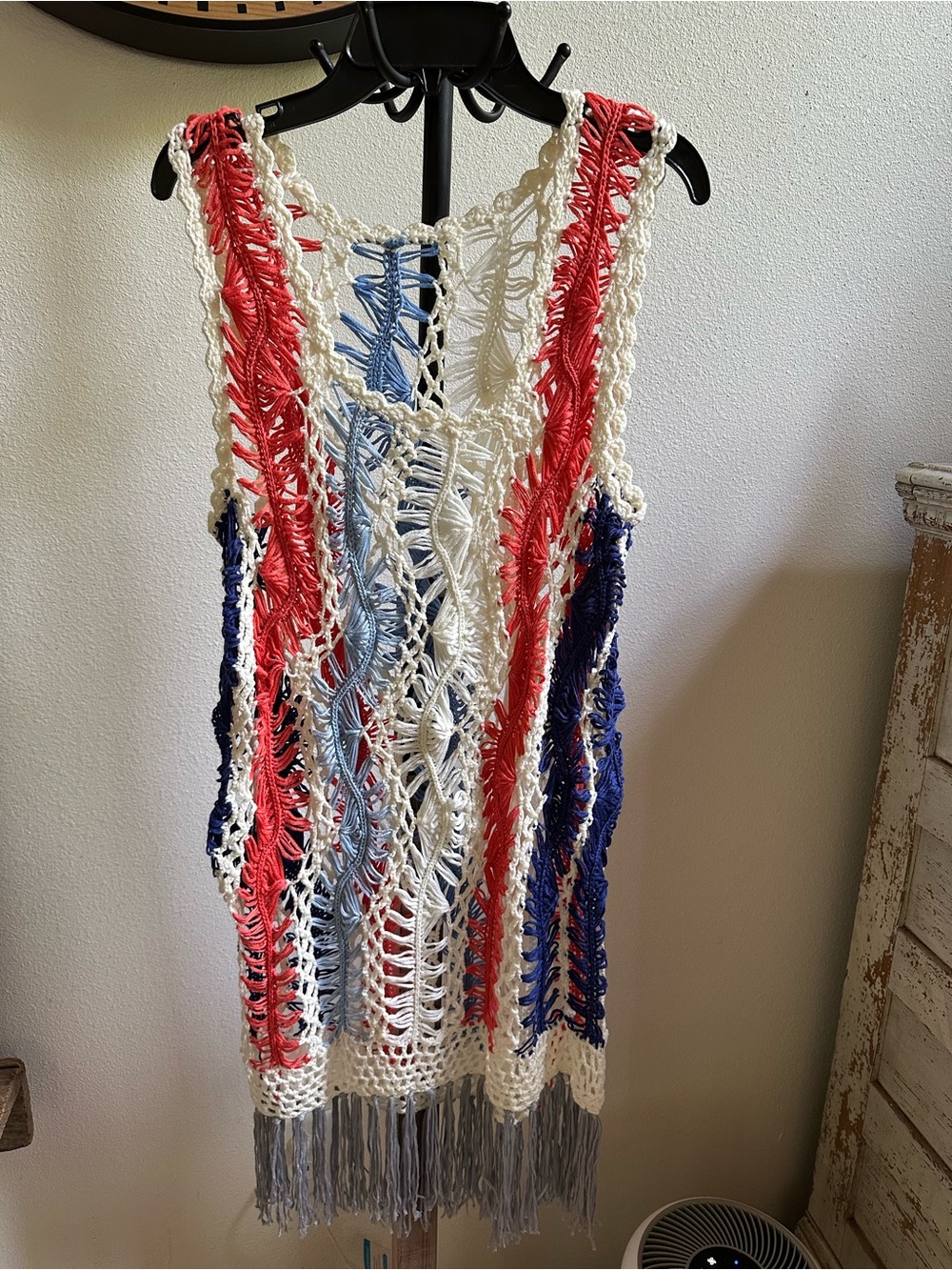 Crochet Fringe Beach Cover-Up in Cream, Coral, Blue